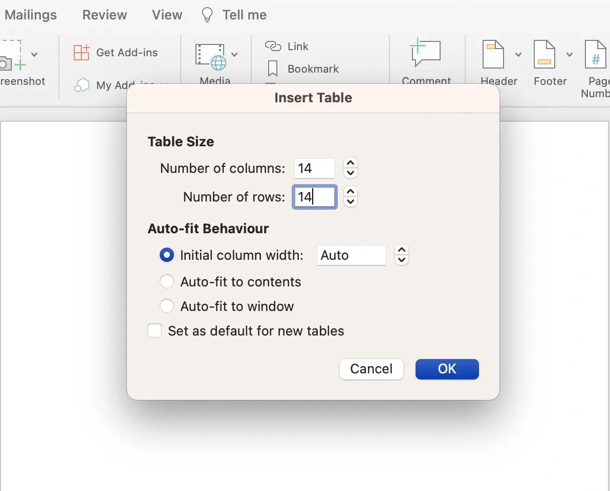 Set table size in Microsoft Word