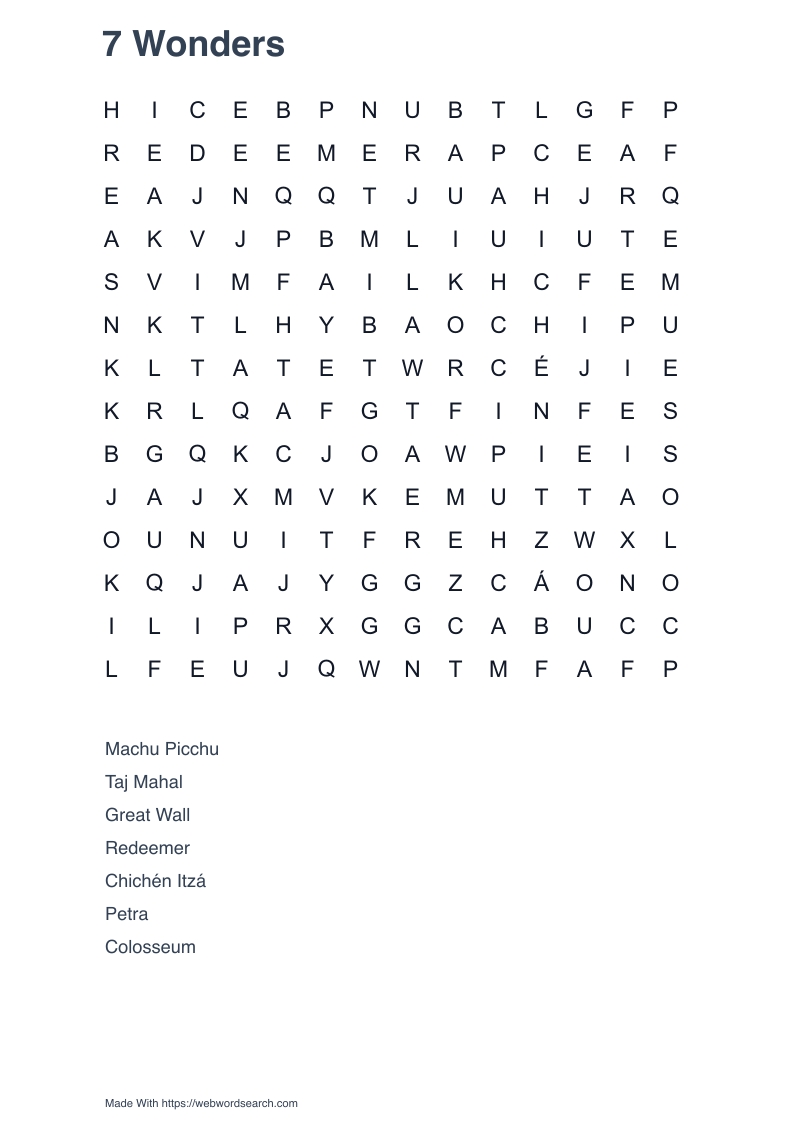 7 Wonders Word Search