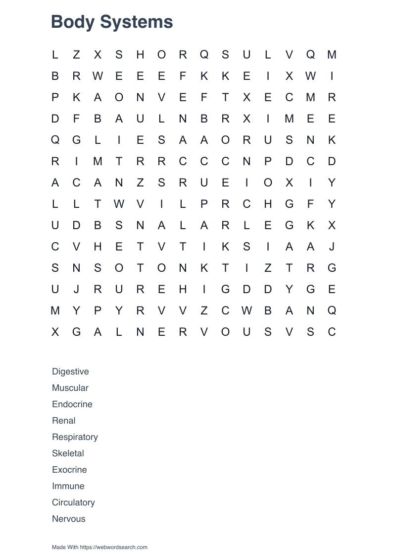 Body Systems Word Search