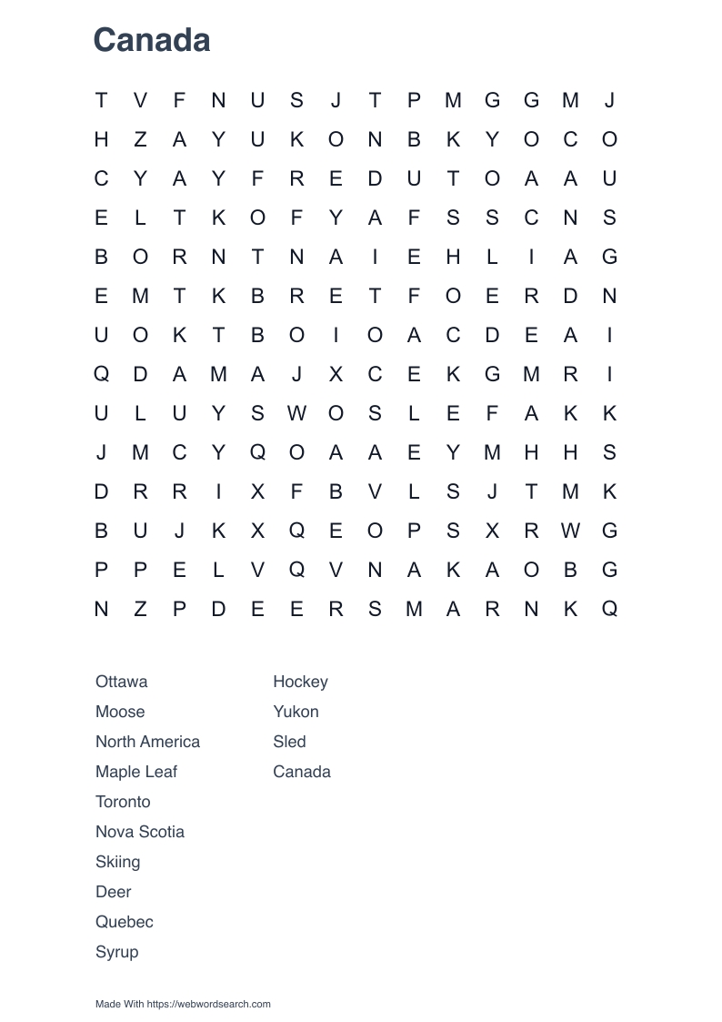 Canada Word Search