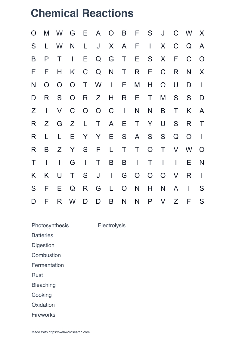 Chemical Reactions Word Search