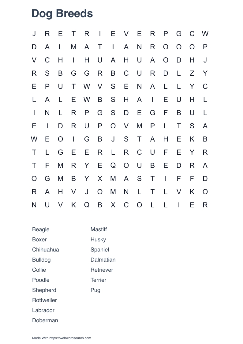 Dog Breeds Word Search