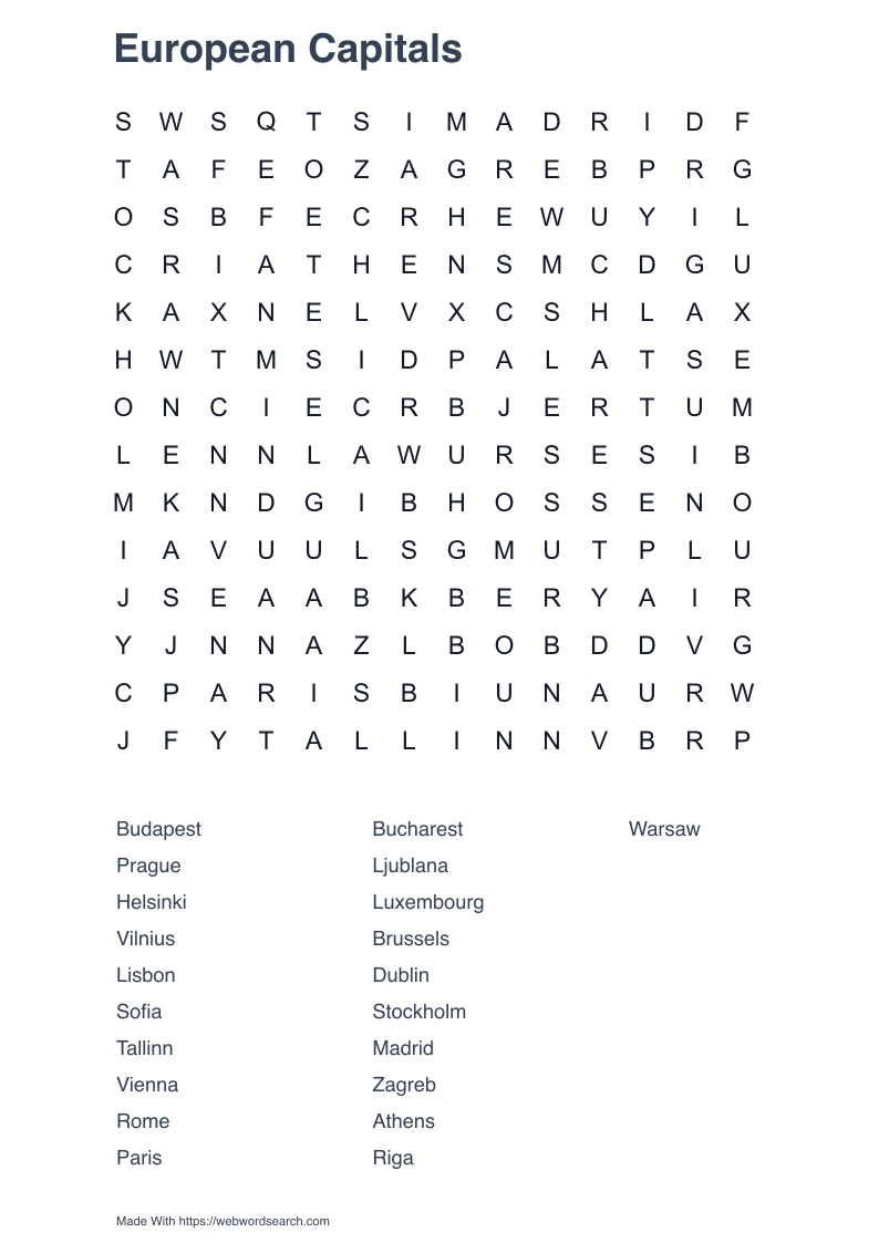European Capitals Word Search