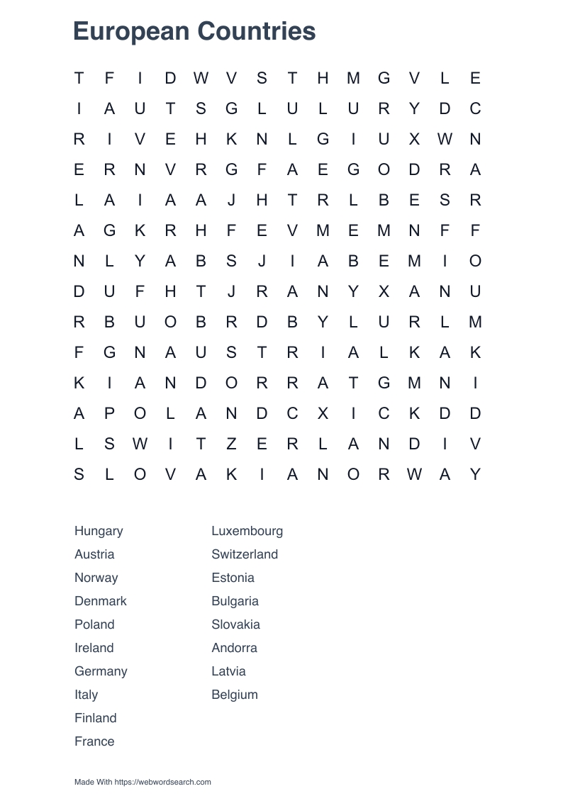 European Countries Word Search