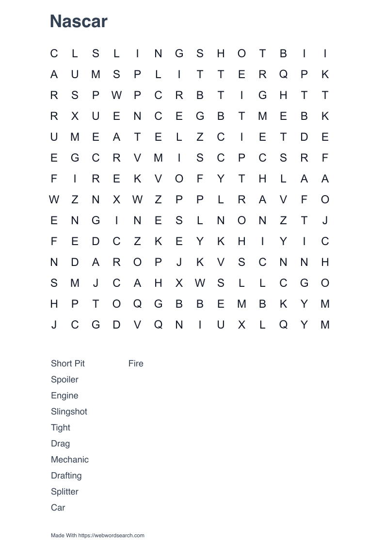 Nascar Word Search