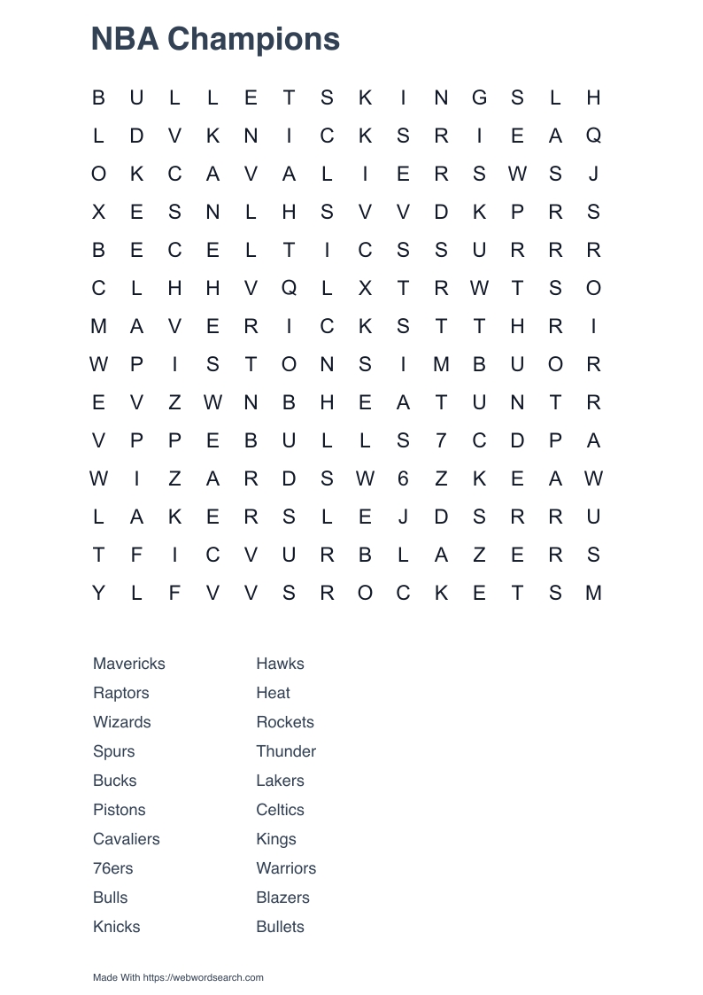 NBA Champions Word Search