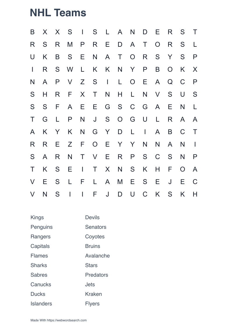 NHL Teams Word Search