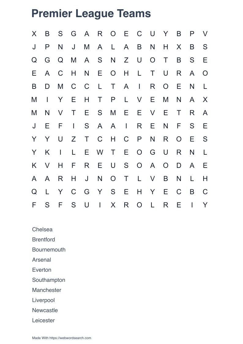 Premier League Teams Word Search