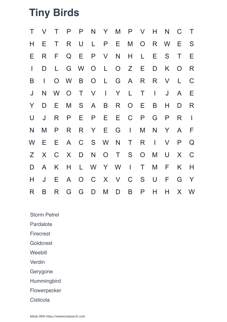 Tiny Birds Word Search