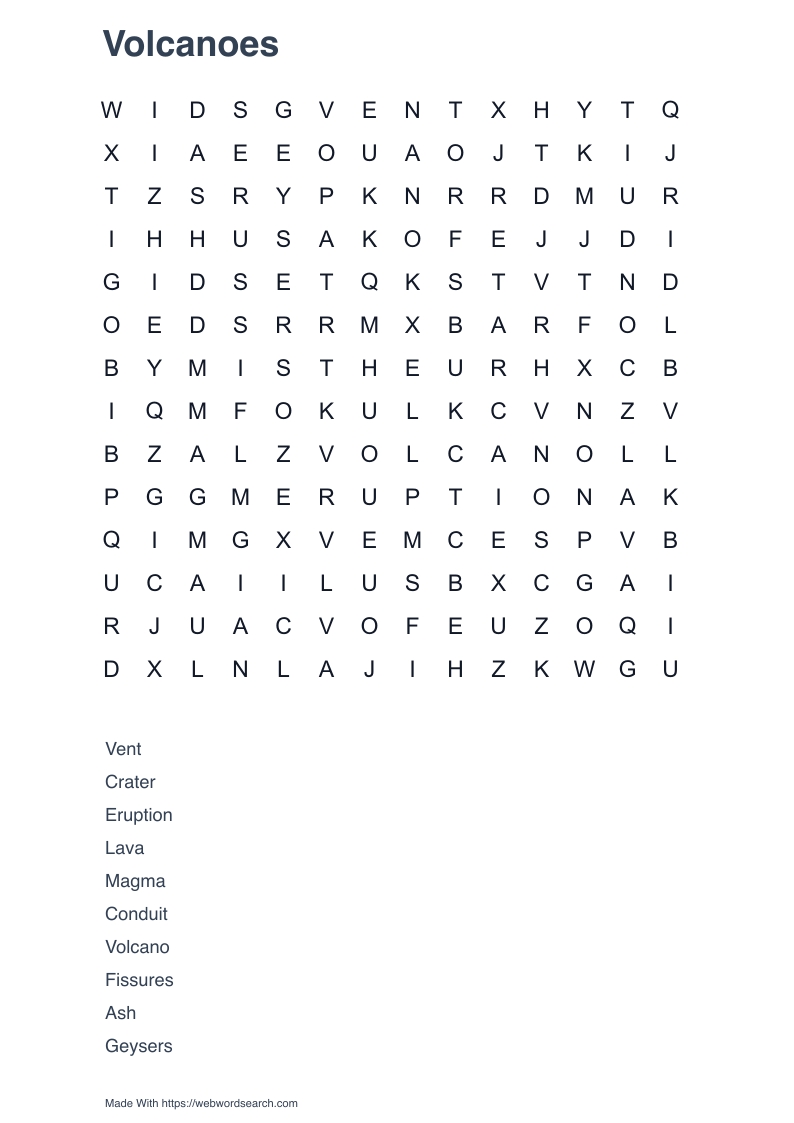 Volcanoes Word Search