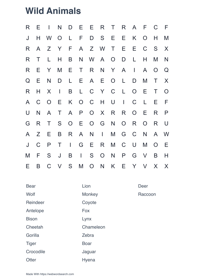 Wild Animals Word Search